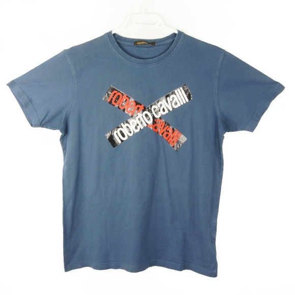 Roberto Cavalli Blue Cross Tape Logo Graphic Short Sleeve Shirt - Picture 1 of 2